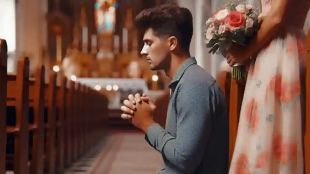 A man in church praying for his sister