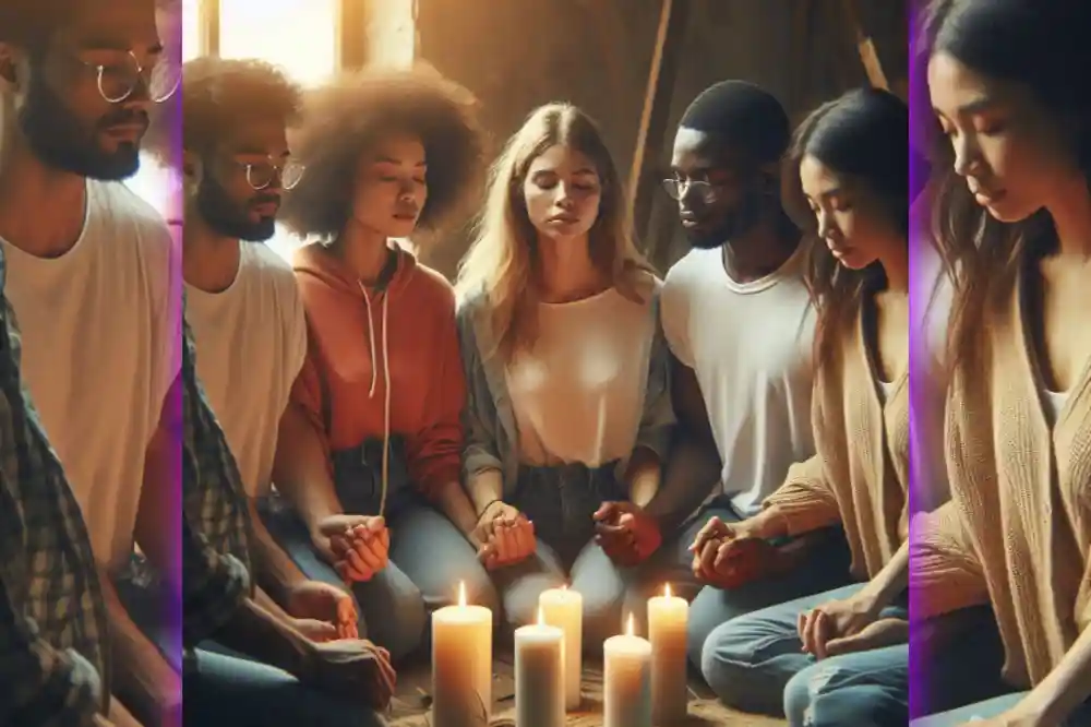 A group of believers praying with candle light