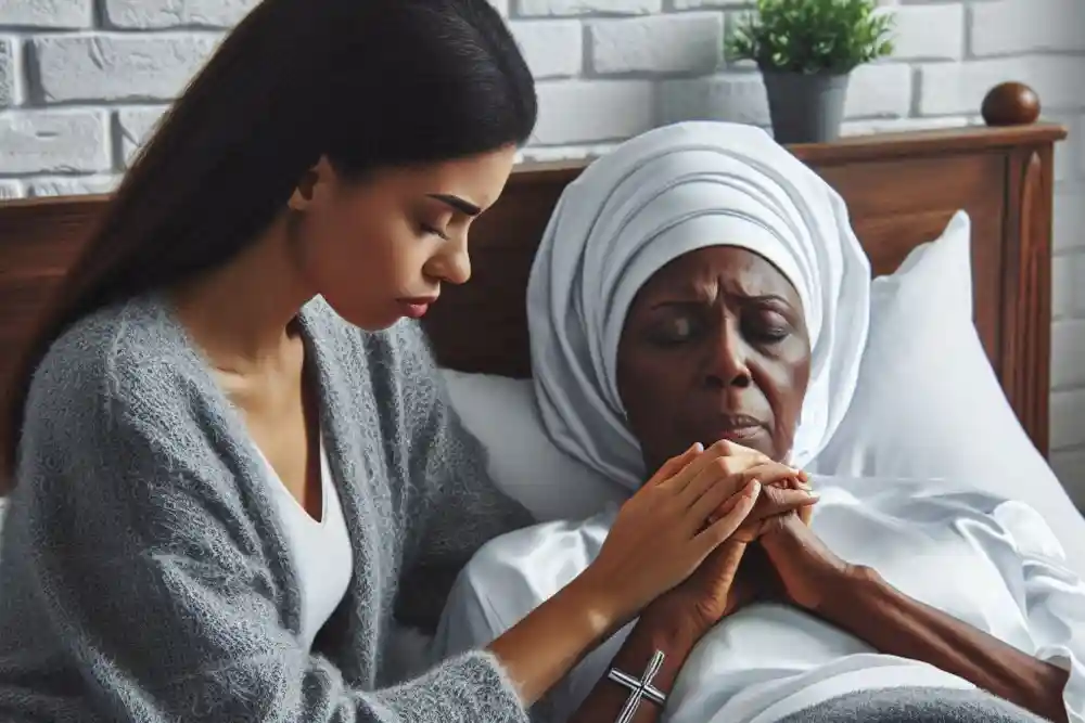 Woman holds friend and prays for her