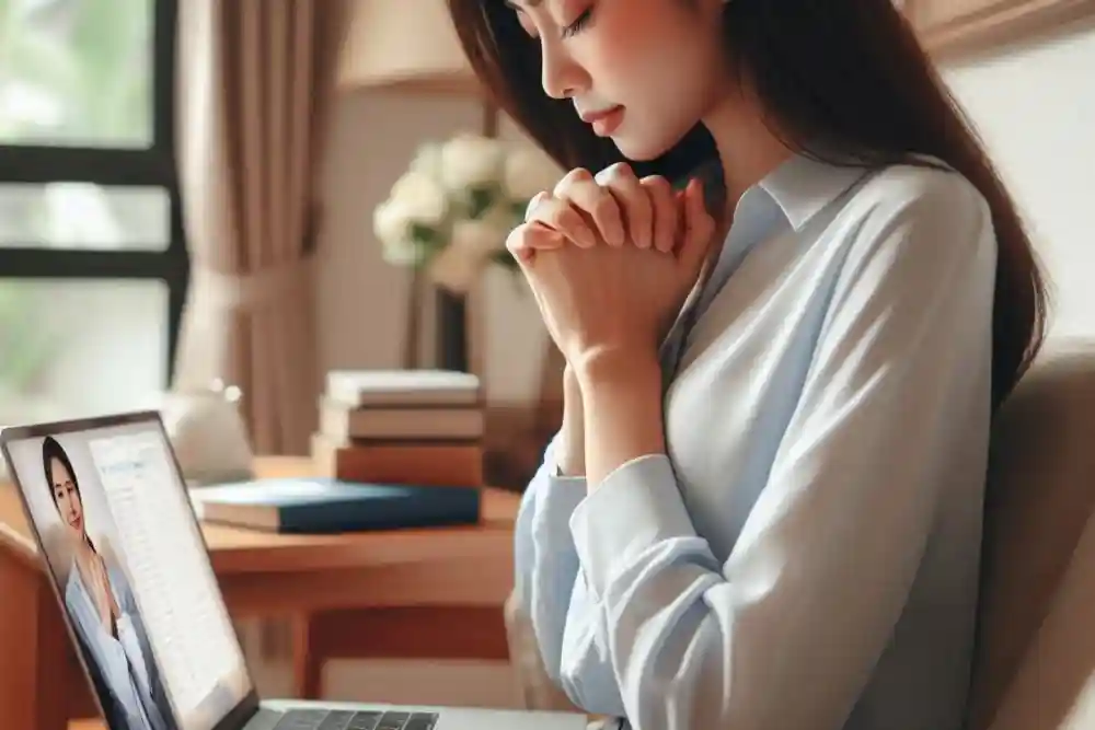 Lady praying before a virtual meeting