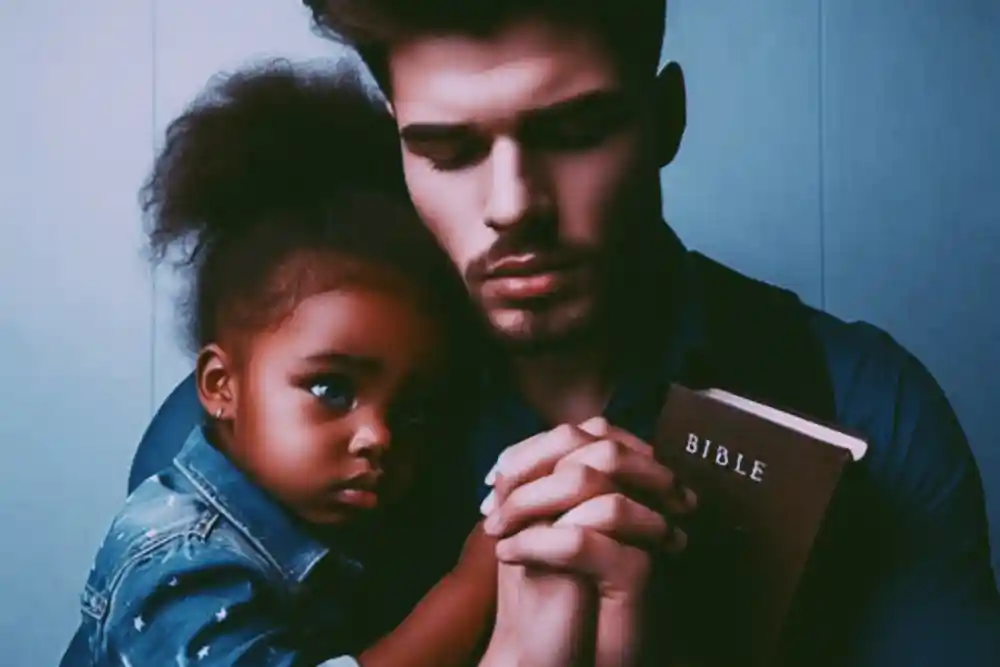 A young father and daughter praying for things to go well in life