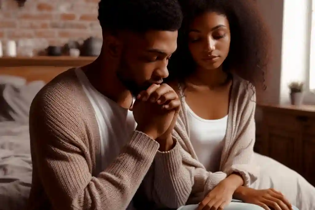 Young man praying for his lovely girlfriend