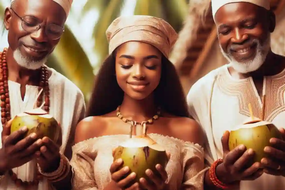 Three African Believers praying with coconut water for luck