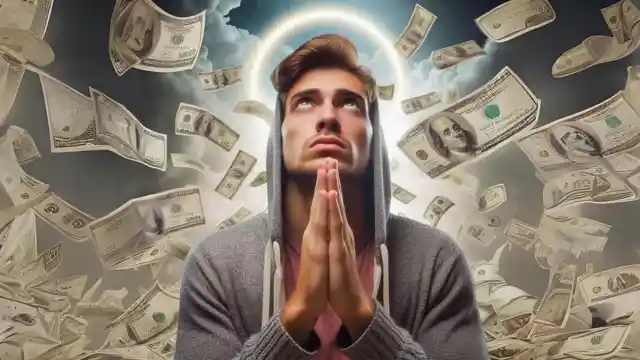 A young man praying money to miraculously come to him